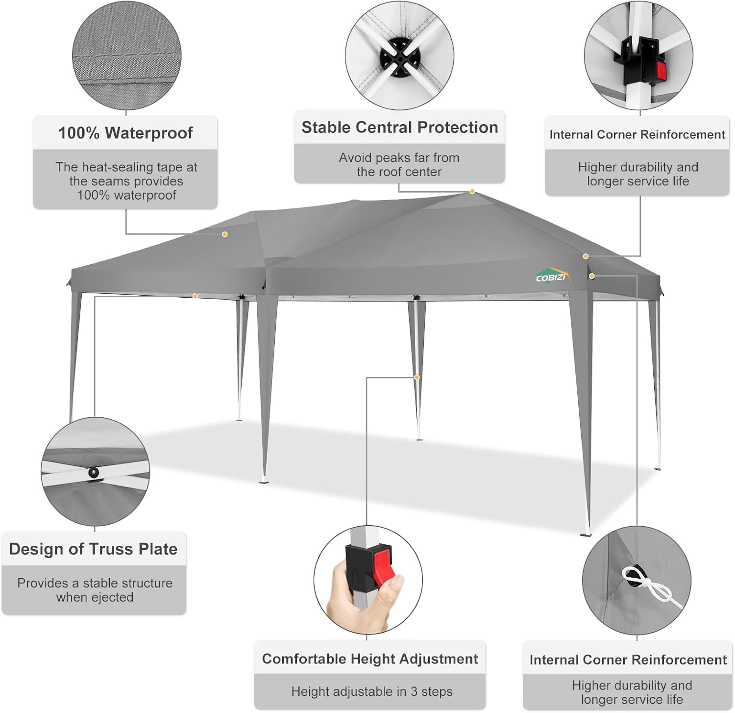 COBIZI 10x20 Pop Up Canopy Tent Without Sidewall Party Tents for Parties Weddings Backyard Waterproof Commercial Instant Outdoor Events Tent with Stakes, Ropes（10 x 20 ft Gray