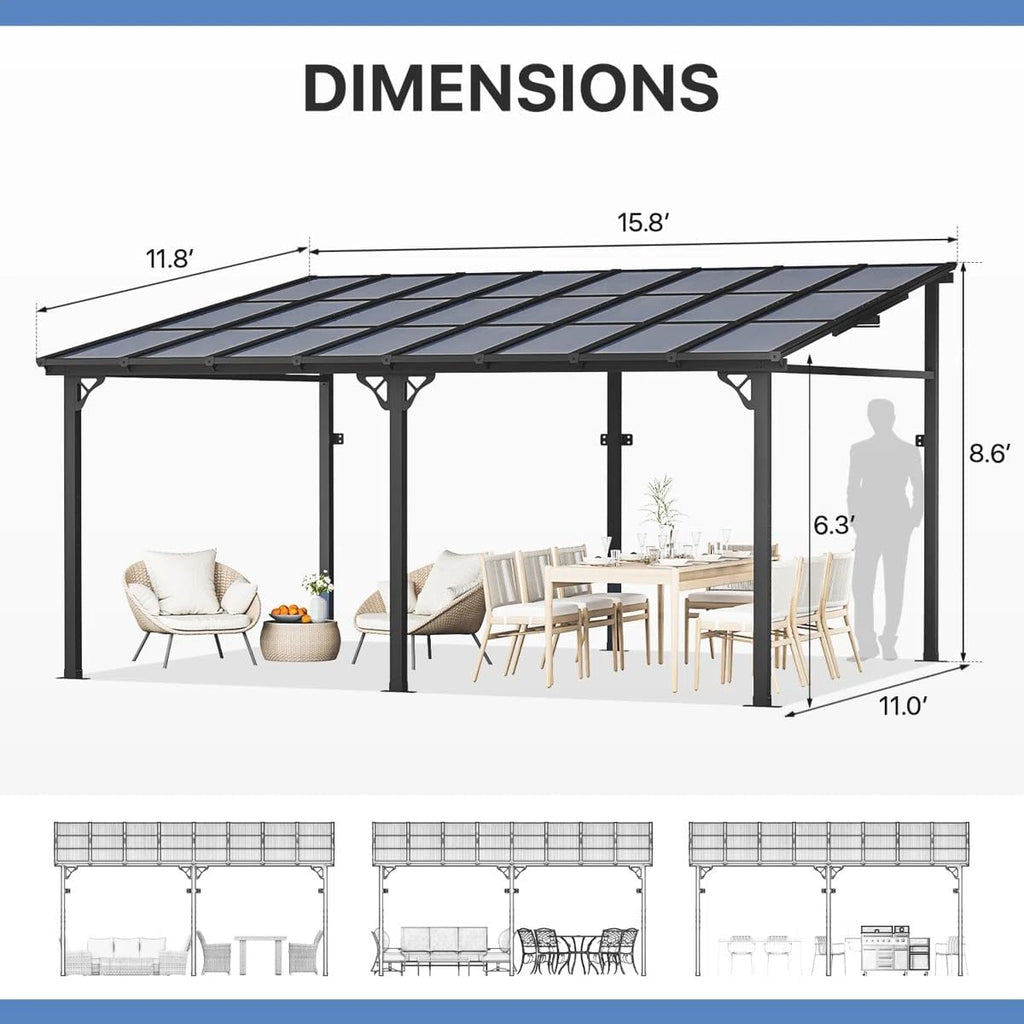 Gazebo for Patio 10' x 16', Wall-Mounted Lean to Gazebo Pergola with Roof, Hard Top Heavy Duty Awnings for Backyard, Decks and More