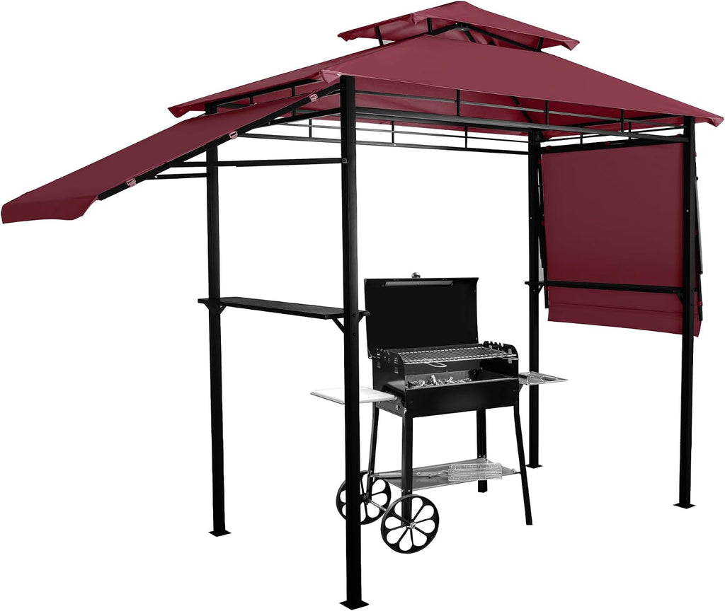 GARTOO 8'x5' Outdoor Grill Gazebo with 2 Side Awnings - Double Roof BBQ Gazebo Canopy with LED Lights and 2 Side Shelves, Patio BBQ Pergola Shelter for Garden, Porch and Backyard (Red)