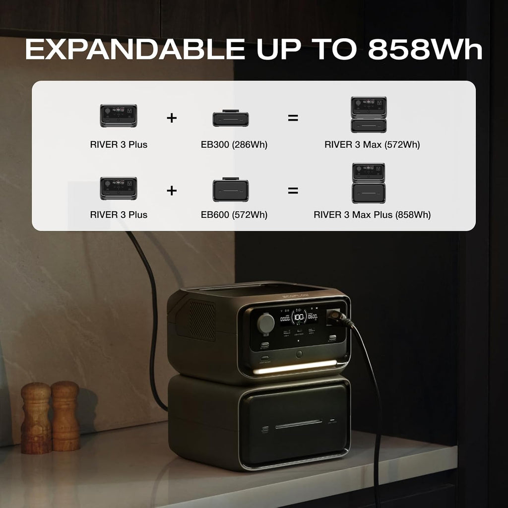 EF ECOFLOW River 3 Plus Portable Power Station Extra Battery EB600, 572Wh Expansion LiFePO4 (LFP) Battery with 10-Year Lifespan, Built-in 140W USB-C Port for Charging/Discharging, Use Independently