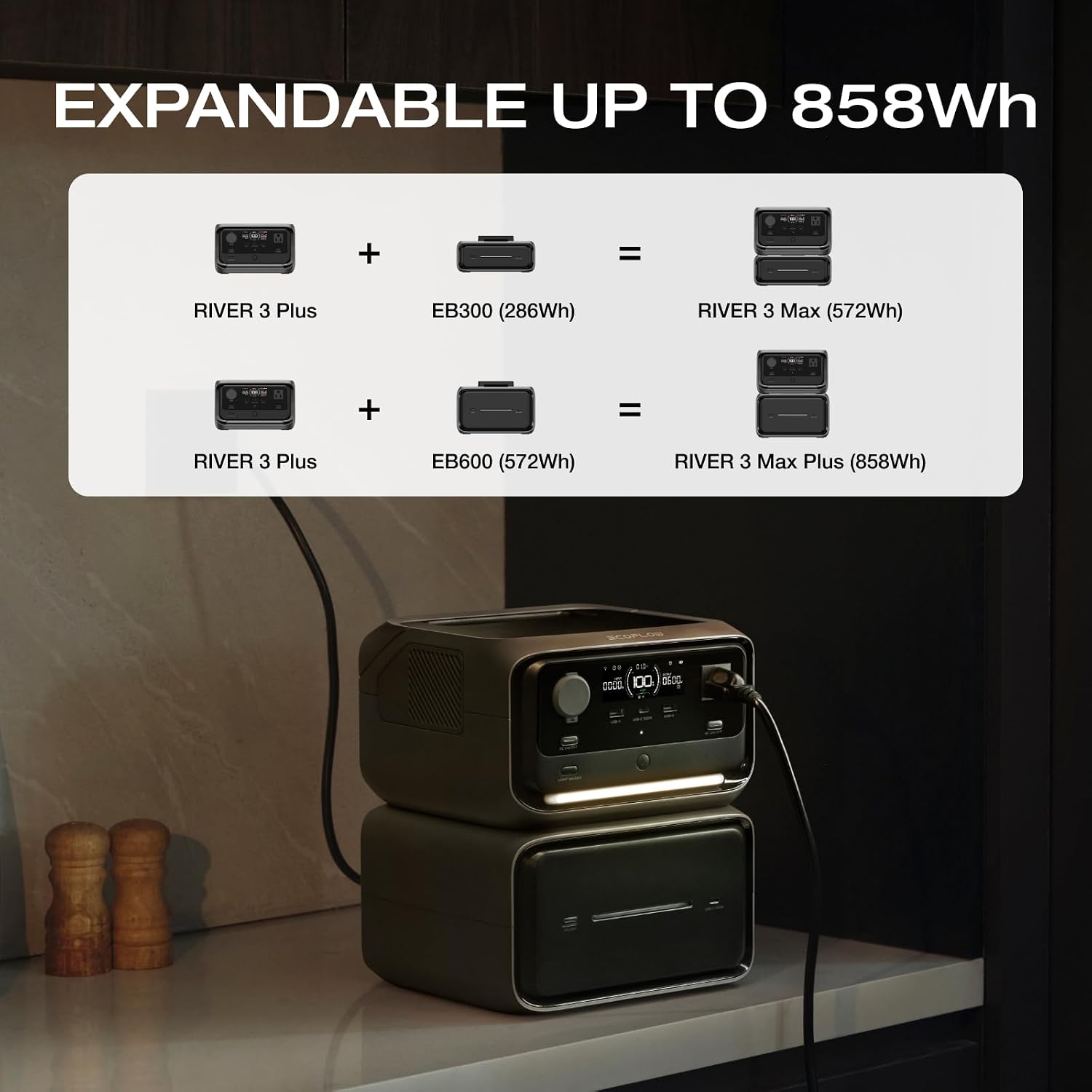 EF ECOFLOW River 3 Plus Portable Power Station Extra Battery EB600, 572Wh Expansion LiFePO4 (LFP) Battery with 10-Year Lifespan, Built-in 140W USB-C Port for Charging/Discharging, Use Independently