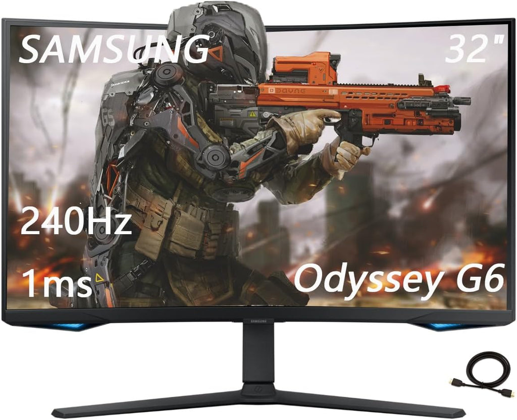 Samsung 32' Odyssey G65B Series Curved Gaming Monitor, 240Hz, 1ms, QHD 2560 x 1440, Swivel & Tilt Adjustable Stand, Smart TV Apps, Gaming Hub, Black, with HDMI Cable