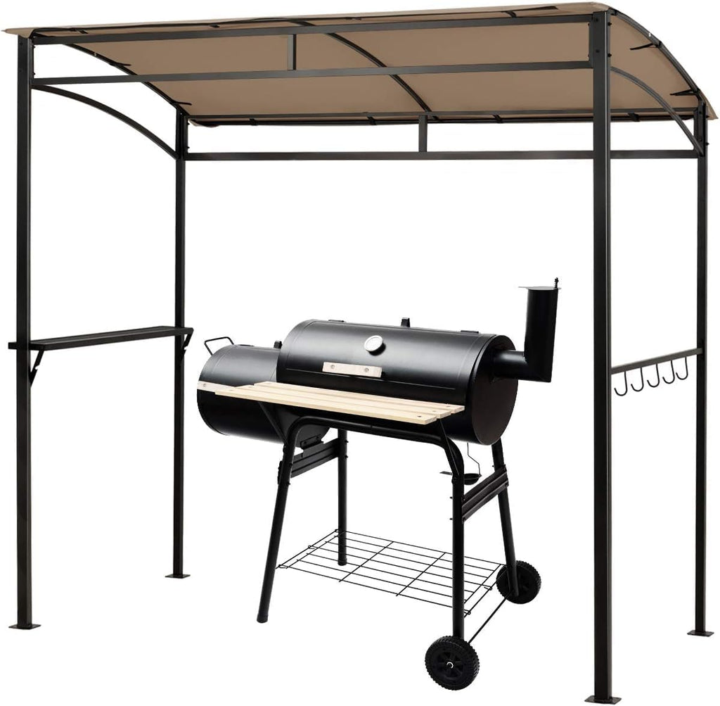 Moccha 7x4.4ft Grill Gazebo, Outdoor BBQ Gazebo with Storage Shelf, Hanging Hooks, Beer Opening Setting, Heavy-Duty Metal Frame, Grill Canopy Tent Sunshade Awning for Backyard, Patio, Garden, Brown
