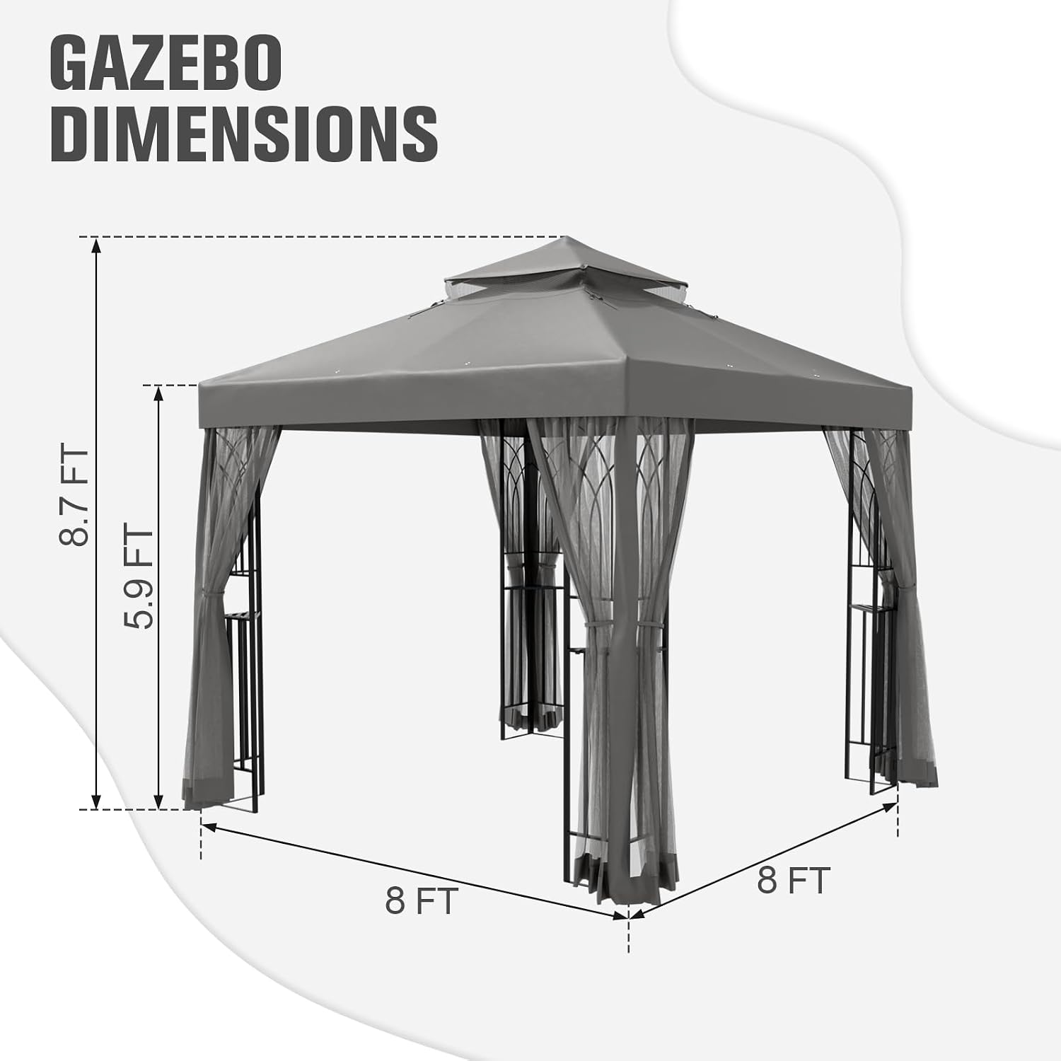 COOS BAY 8x8 Patio Gazebo with Corner Shelves, Two Tier Soft Top Canopy with Mesh Netting for Backyard, Garden, Lawn, Outdoor Events, Gray