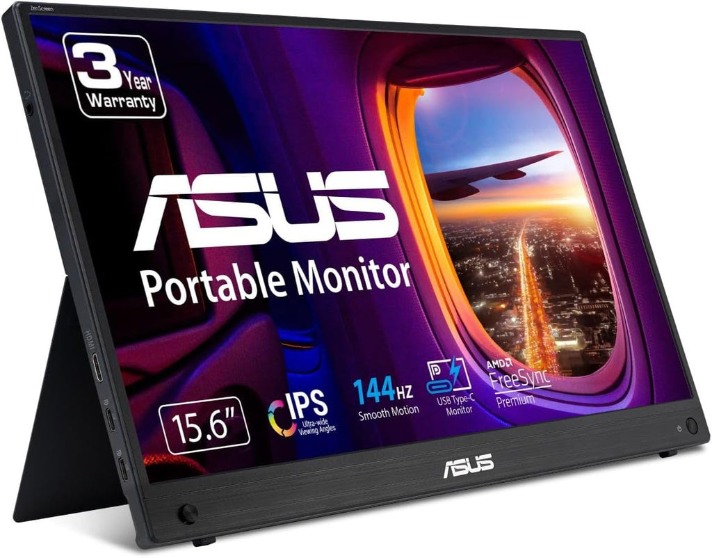 ASUS ZenScreen 15.6' 1080P Portable USB-C Monitor (MB16AHG) - Full HD, IPS, 144Hz, Mini-HDMI, Freesync Premium™, Ergo Kickstand, Eye Care, Blue Light Filter, Tripod Mountable, Protective Sleeve