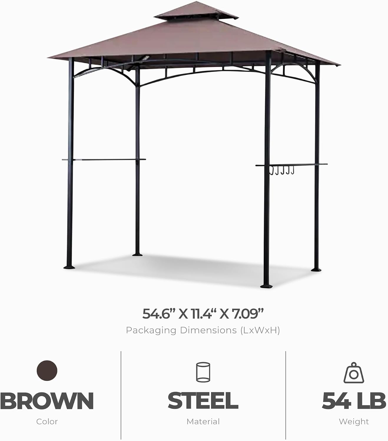 Four Seasons Courtyard BBQ Grill Gazebo with LED Lights, 2 Glass Shelves, and Powder Coated Steel Frame for Backyard Lawn and Outdoor Use, Brown