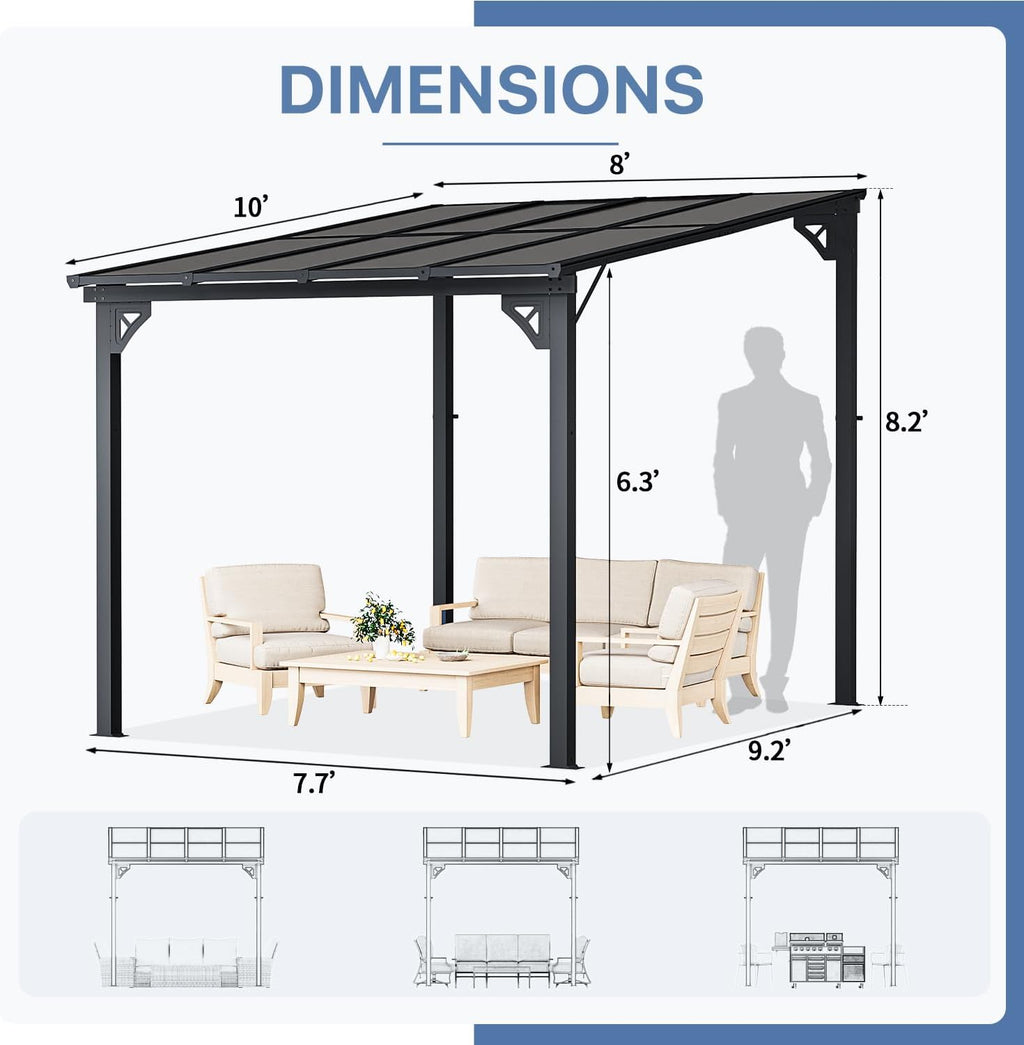 10' x 8' Gazebo for Patio, Gazebo Pergola with Sloped Roof, Large Wall-Mounted Heavy Duty Awnings, for Backyard, Deck, Patio