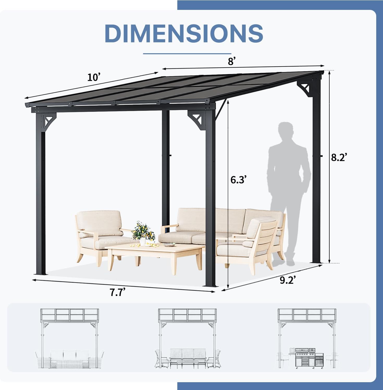 10' x 8' Gazebo for Patio, Gazebo Pergola with Sloped Roof, Large Wall-Mounted Heavy Duty Awnings, for Backyard, Deck, Patio