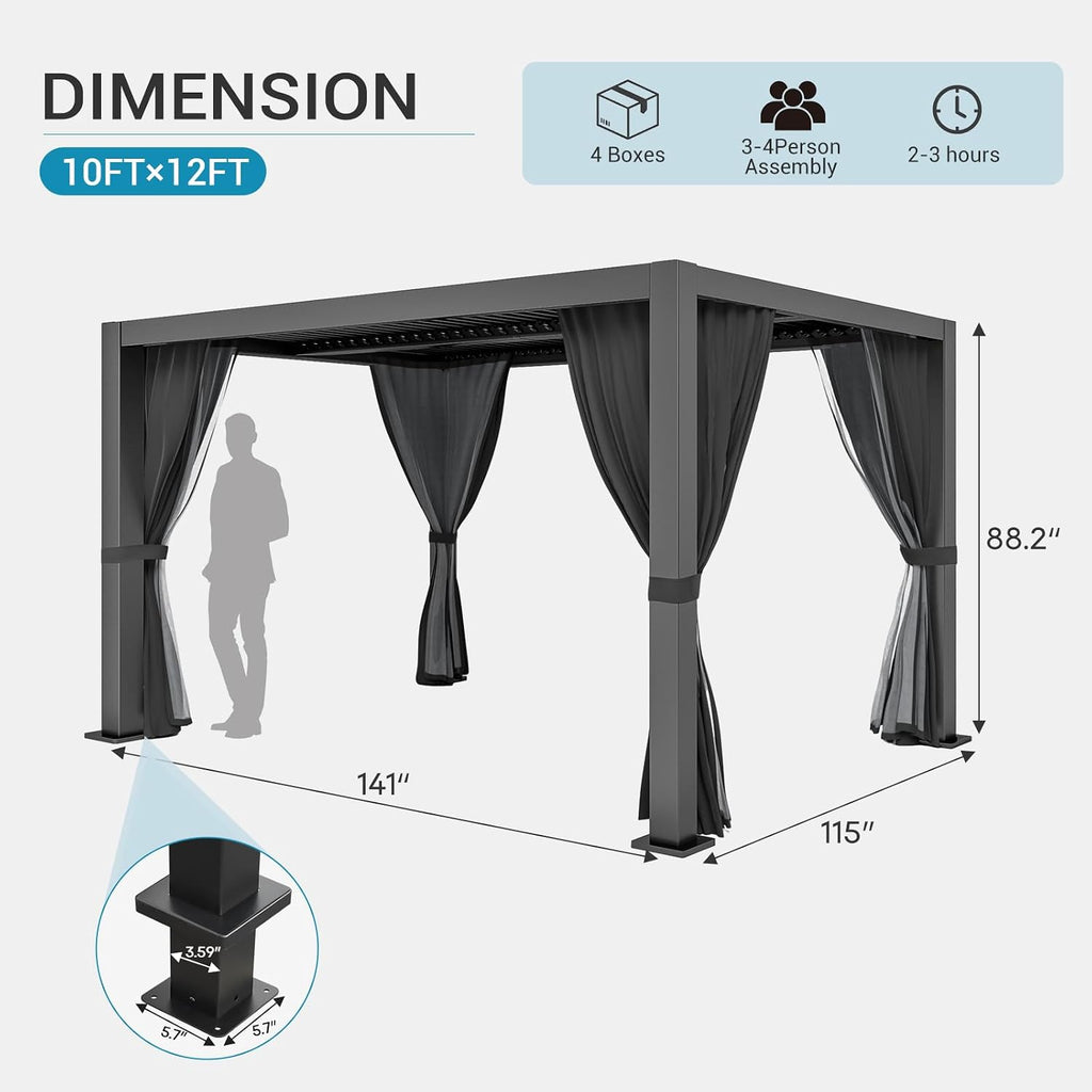 LVUYOYO Louvered Pergola 10' x 12', Outdoor Pergola with Adjustable Roof, Patio Aluminum Frame Metal Gazebo with Curtains and Netting for Patio, Backyard, Garden, Deck (Black)