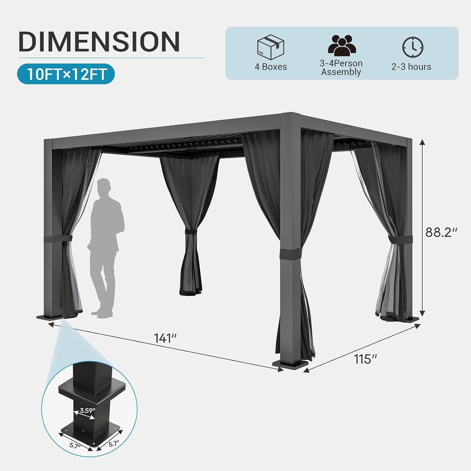 LVUYOYO Louvered Pergola 10' x 12', Outdoor Pergola with Adjustable Roof, Patio Aluminum Frame Metal Gazebo with Curtains and Netting for Patio, Backyard, Garden, Deck (Black)