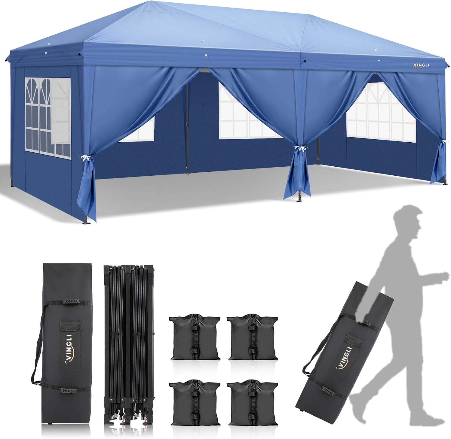 VINGLI 10x20 Pop Up Canopy Tent with Sidewalls, Outdoor Gazebo Canopy Tent, Patio Event Tents Outdoor Event Shelter for Parties (Blue)