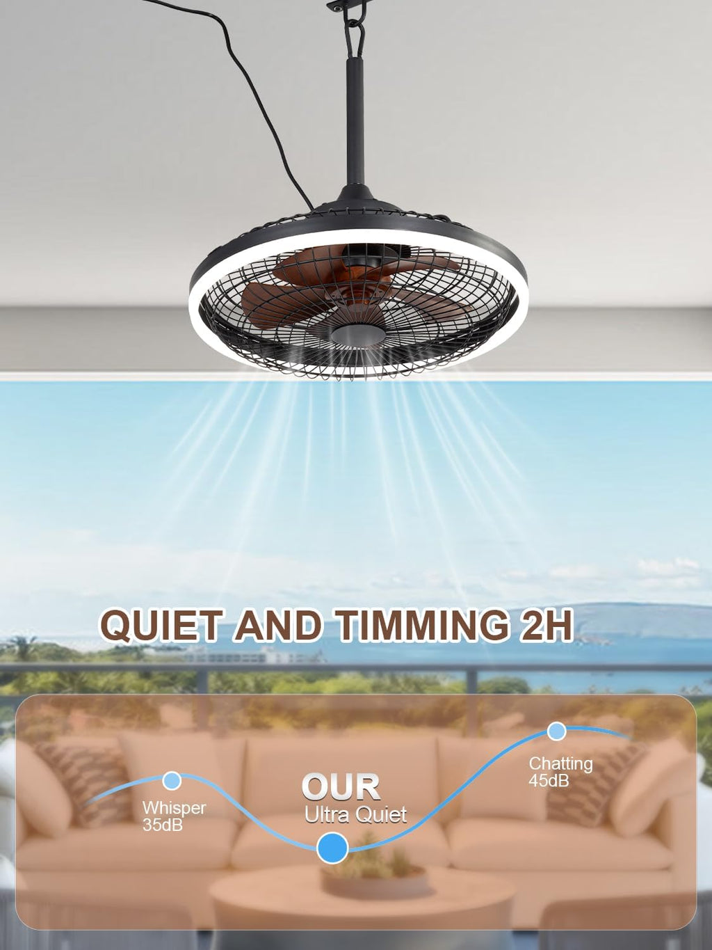 Bella Depot 20' Outdoor Ceiling Fan Black Waterproof Gazebo Fan with Dimmable Light Smart App Remote Control Hanging Fan for Outside Patios Pergola Tent Plug-in Design (20'- Minimalist Black)