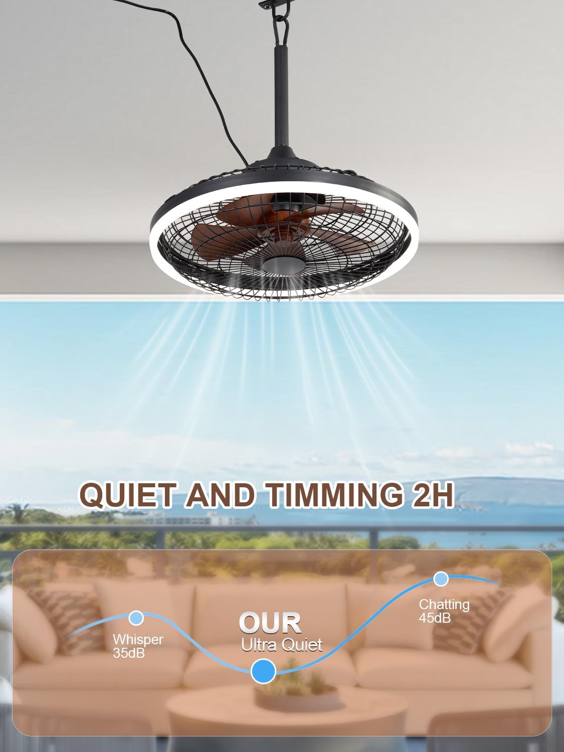 Bella Depot 20' Outdoor Ceiling Fan Black Waterproof Gazebo Fan with Dimmable Light Smart App Remote Control Hanging Fan for Outside Patios Pergola Tent Plug-in Design (20'- Minimalist Black)
