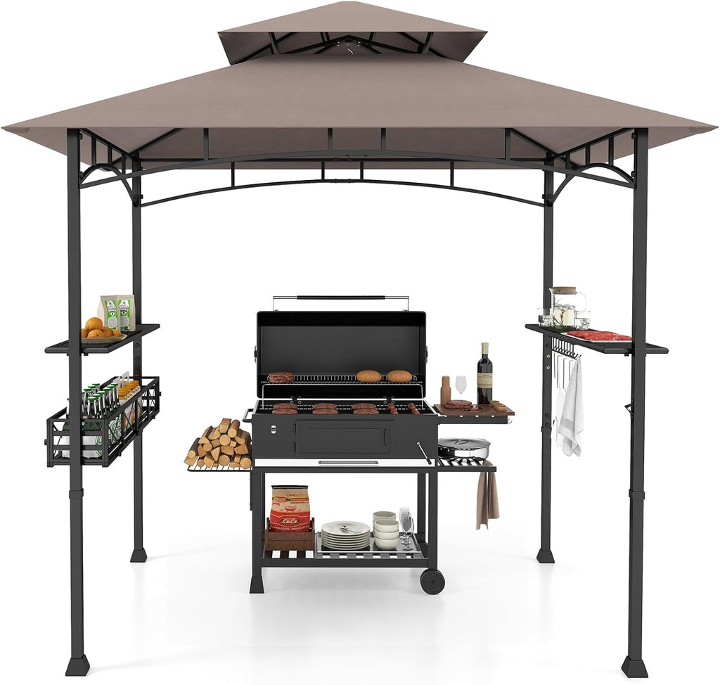 8 x 5 Ft Grill Gazebo Canopy, Double Tiered BBQ Gazebo for Outdoor Grill with 2 Side Shelf, Storage Basket, Ceiling Hook, Barbecue Bar Canopy Tent for Backyard Garden Patio Poolside (Coffee)