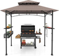 8 x 5 Ft Grill Gazebo Canopy, Double Tiered BBQ Gazebo for Outdoor Grill with 2 Side Shelf, Storage Basket, Ceiling Hook, Barbecue Bar Canopy Tent for Backyard Garden Patio Poolside (Coffee)