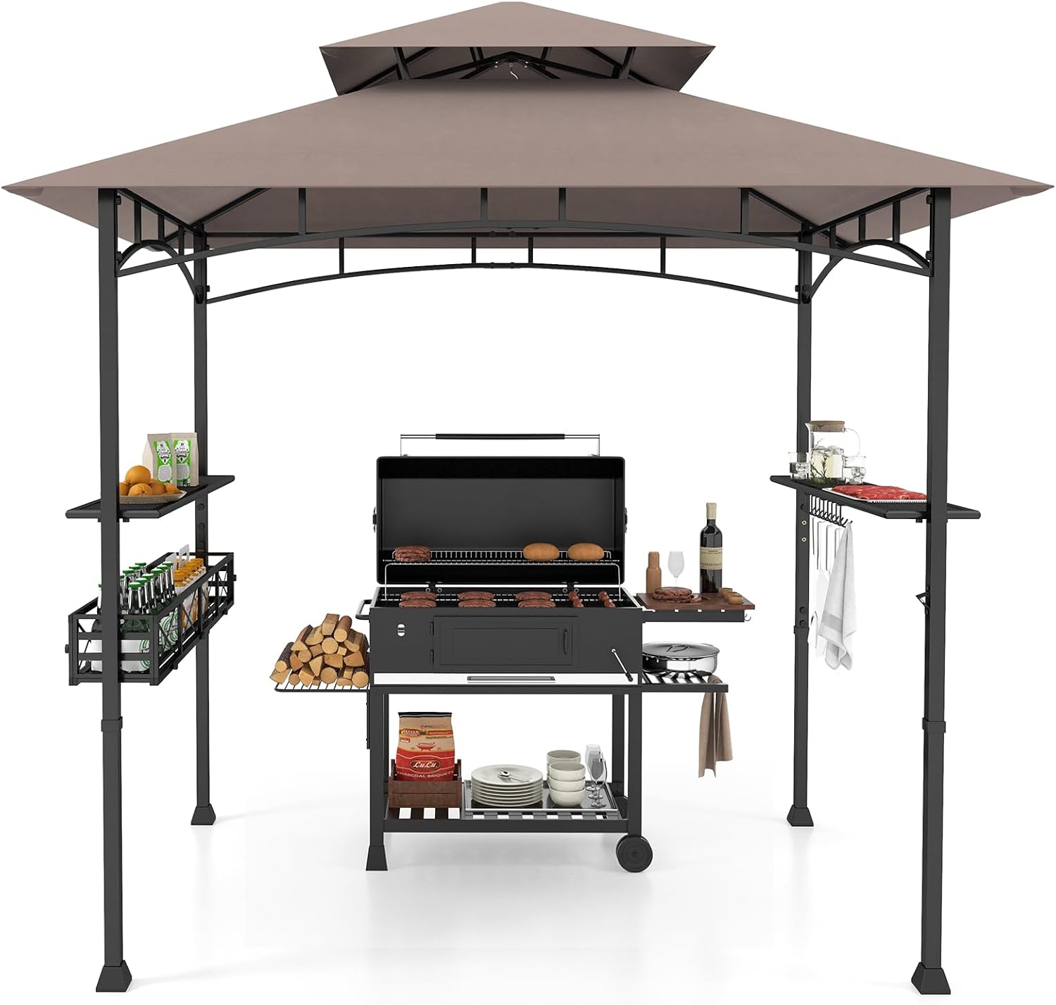 8 x 5 Ft Grill Gazebo Canopy, Double Tiered BBQ Gazebo for Outdoor Grill with 2 Side Shelf, Storage Basket, Ceiling Hook, Barbecue Bar Canopy Tent for Backyard Garden Patio Poolside (Coffee)