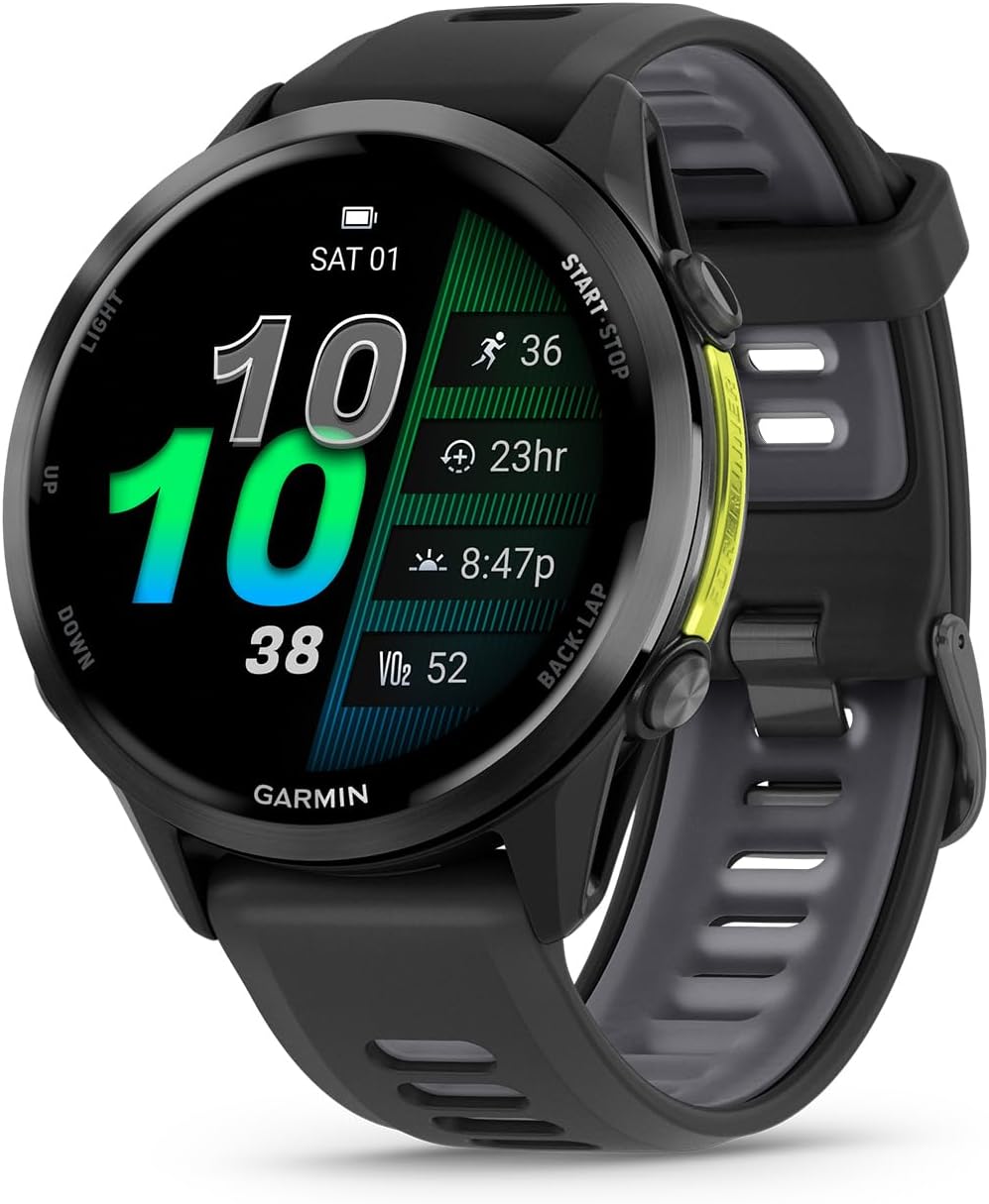 Garmin Forerunner 970 Running Smartwatch, GPS Fitness Watch for Men and Women, Carbon Gray DLC Titanium with Black Case/Translucent Whitestone Band + Access 600 Fitness Monitor, M-XL + More