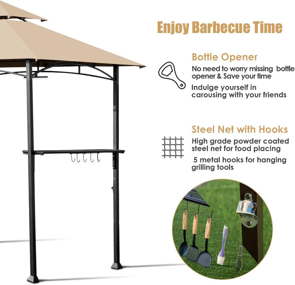 Tangkula 8' x 5' Grill Gazebo, Outdoor Patio Barbecue Gazebo Shelter with LED Lights, 2-Tier Canopy Top Cover Grill Gazebo with Sturdy Steel Frame, Ideal for Gatherings, Parties (Khaki)