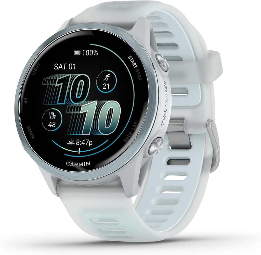 Garmin Forerunner 570 Running Smartwatch, 42MM WiFi, GPS Fitness Watch for Men and Women, Cloud Blue Aluminum with Translucent Whitestone/Cloud Blue Band + Access 600 Fitness Monitor, M-XL + More