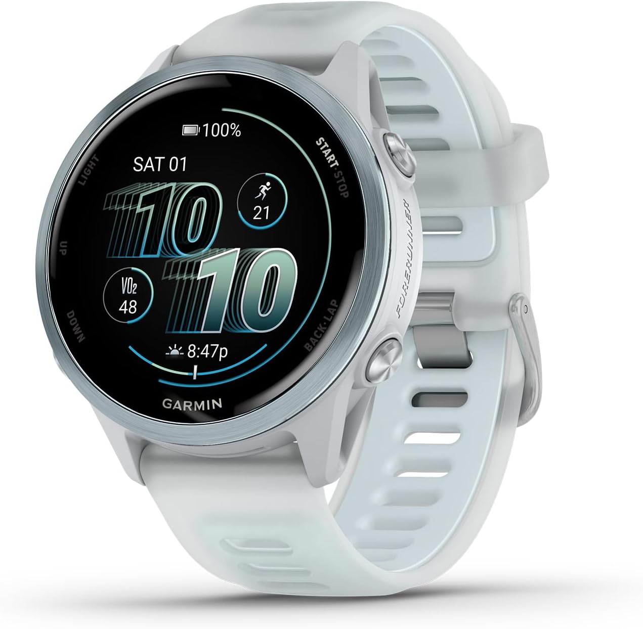 Garmin Forerunner 570 Running Smartwatch, 42MM WiFi, GPS Fitness Watch for Men and Women, Cloud Blue Aluminum with Translucent Whitestone/Cloud Blue Band + Access 600 Fitness Monitor, M-XL + More