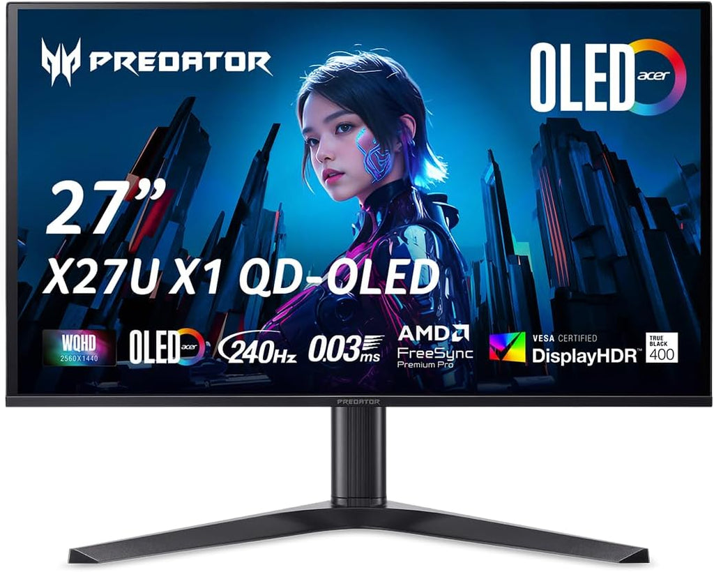 acer Predator Gaming Monitor | 27' WQHD (2560 x 1440) OLED | AMD FreeSync Premium Pro | 240Hz | 0.03ms (G to G) | VESA DisplayHDR True Black 400 | Display Port 1.4 & 2 x HDMI 2.1 | X27U X1bmiiphx