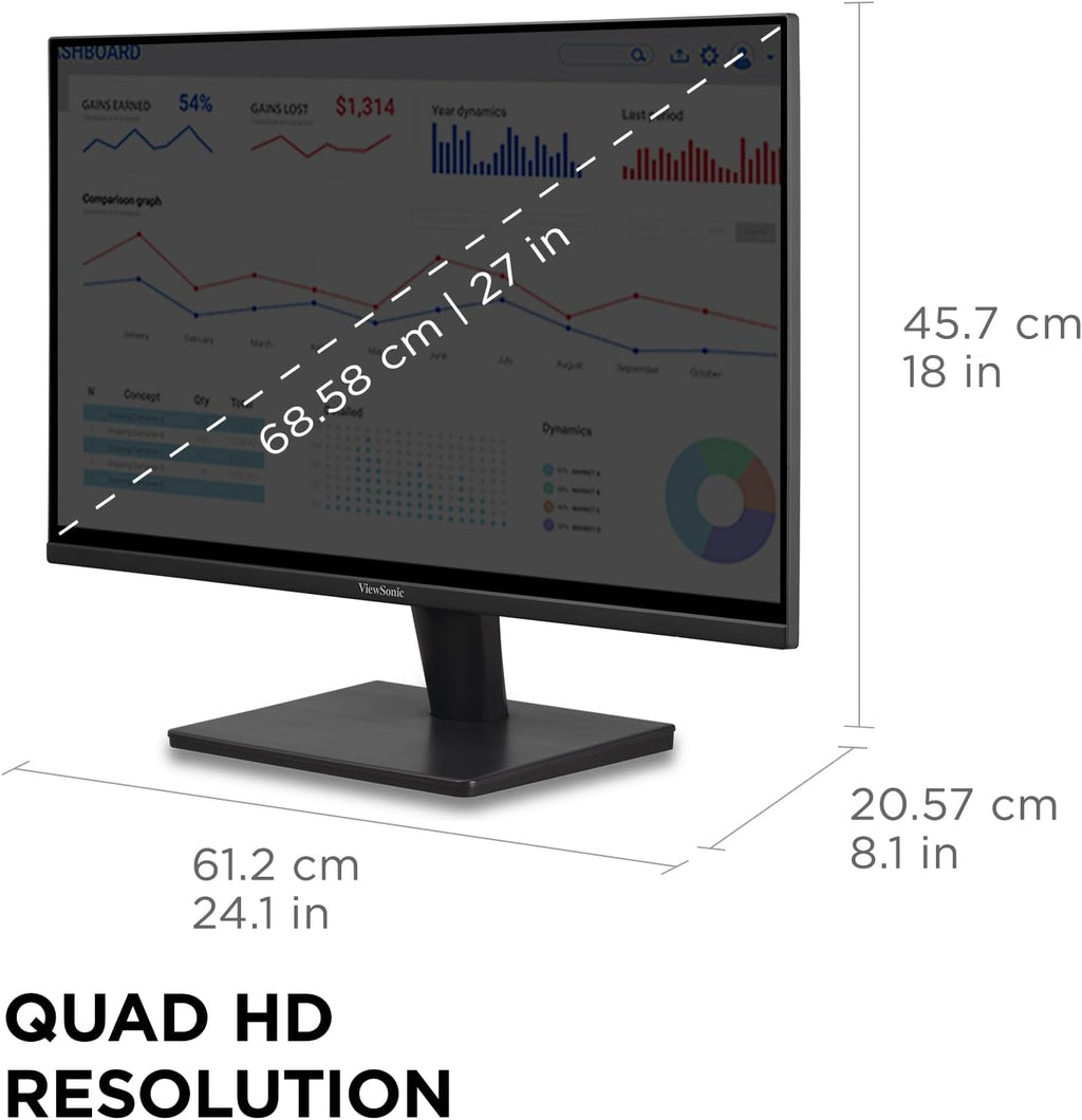 ViewSonic VS2725-2K 27 Inch 1440p Monitor, IPS Display with 100Hz for Smooth Home and Office Viewing, Eye Care Technology, HDMI, and DisplayPort Inputs