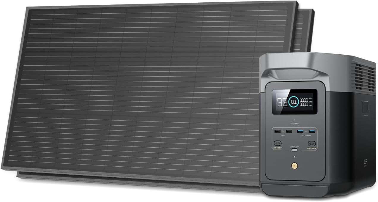 EF ECOFLOW Solar Generators, DELTA 2 Portable Power Station with 2PCS 100W 12V Solar Panels, 1024Wh LFP Battery, Fast Charging, Power Station for Home Backup, Camping&RVs