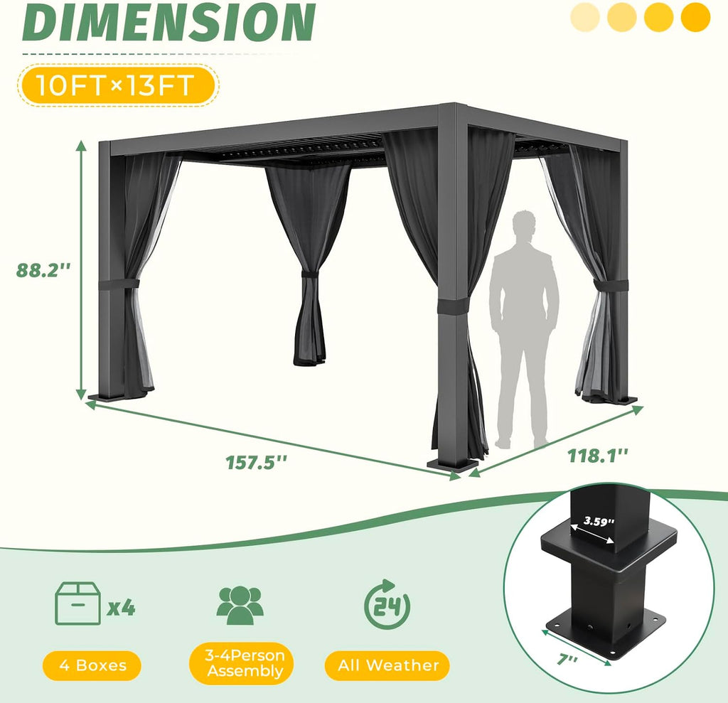 LVUYOYO 10' x 13' Outdoor Louvered Pergola, Metal Aluminum Pergola with Adjustable Roof, Waterproof Gazebo with Curtains and Netting for Patio, Backyard, Garden, Deck (Black)