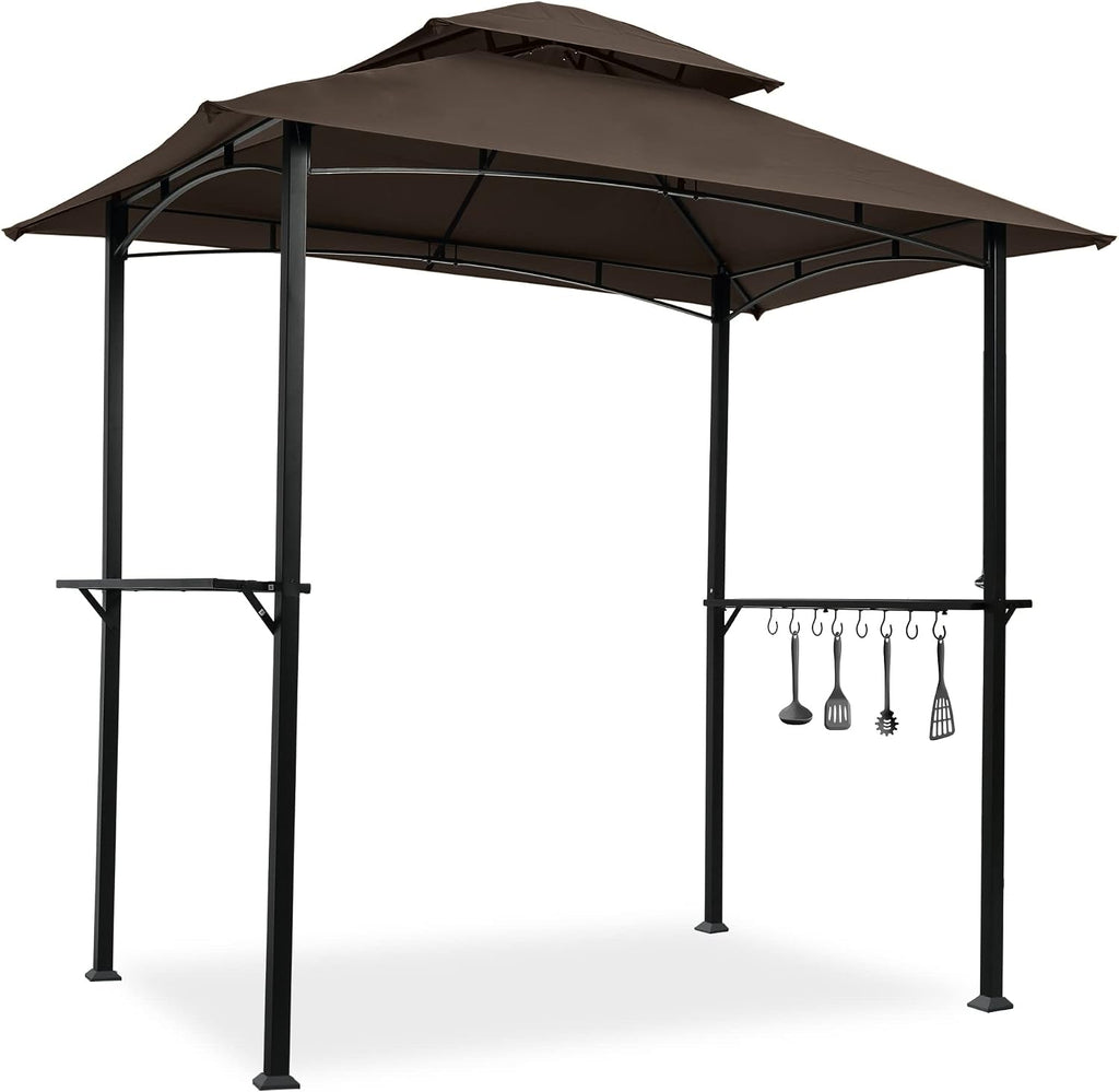 8' x 5' Double Tier Soft Top Grill Gazebo, Outdoor Barbecue Gazebo with Hook and Bar Counters, Grill Canopy for Barbecue & Outdoor Canopy, Brown