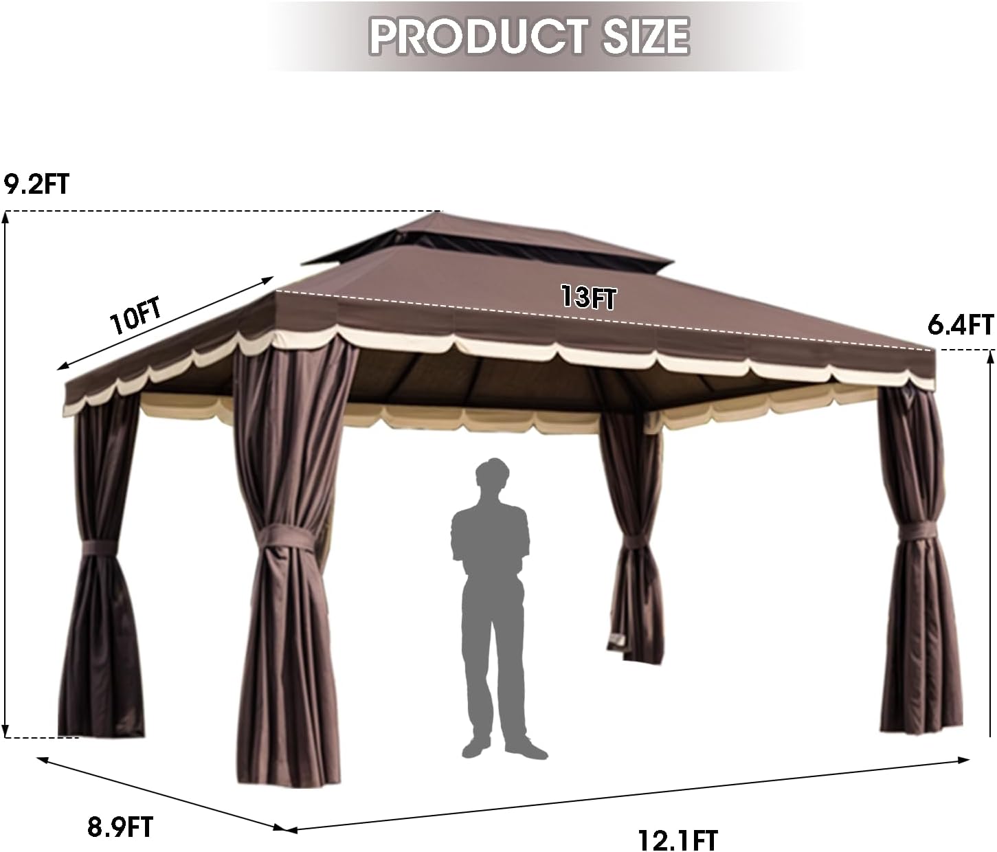 10'x13' Outdoor Patio Gazebo,Heavy Duty Party Tent & Shelter with Double Roofs, Mosquito Nettings and Curtains for Backyard, Patio, Deck, Parties, Garden, Lawn (Brown)