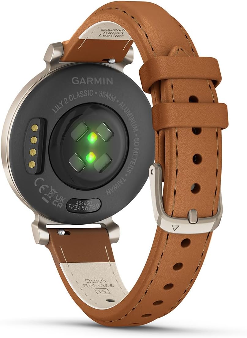 PlayBetter Garmin Lily 2 Classic (Cream Gold/Tan Leather) Women's Fitness Smartwatch Bundle - Ladies Watch with Hidden Display, 5-Day Battery & Garmin Pay - Includes Portable Charger