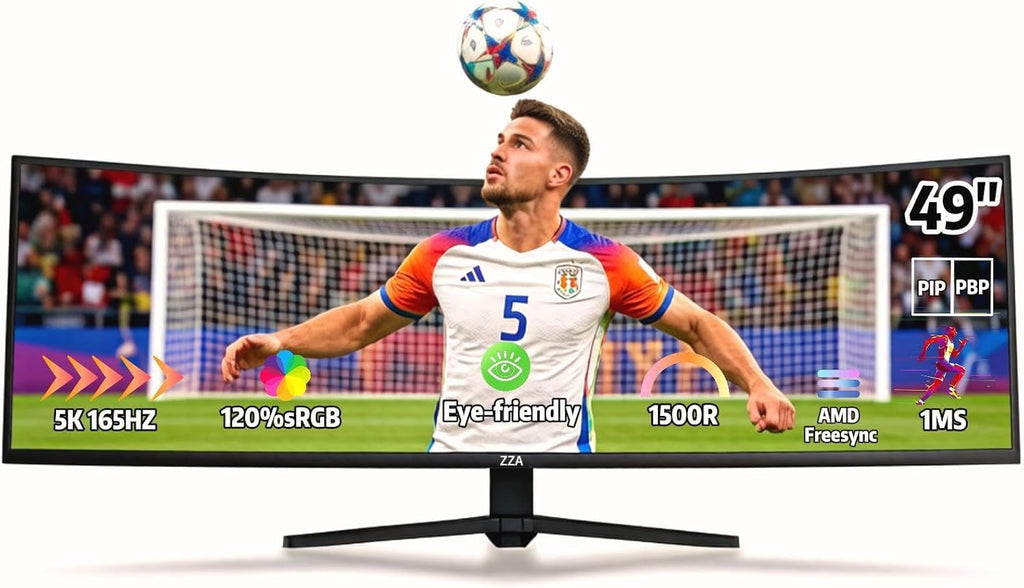 ZZA 49-Inch Ultra-Wide DQHD Curved Gaming Monitor | 5120x1440, 1500R, 165Hz, AMD FreeSync, 120% sRGB, Height Adjustable, HDMI 2.1/DP 1.4 Wall Mountable- Black