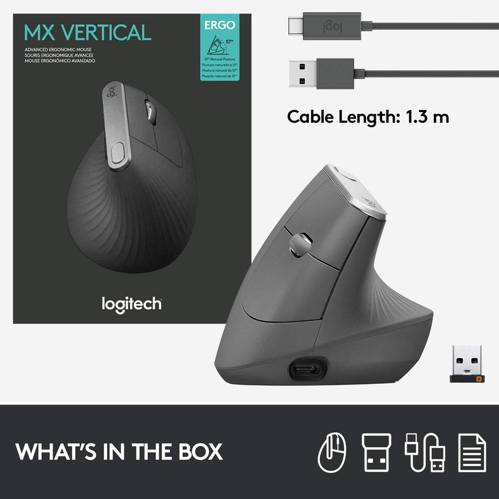 Logitech MX Vertical Wireless Mouse – Ergonomic Design Reduces Muscle Strain, Move Content Between 3 Windows and Apple Computers, Rechargeable, Graphite, Pack of 4