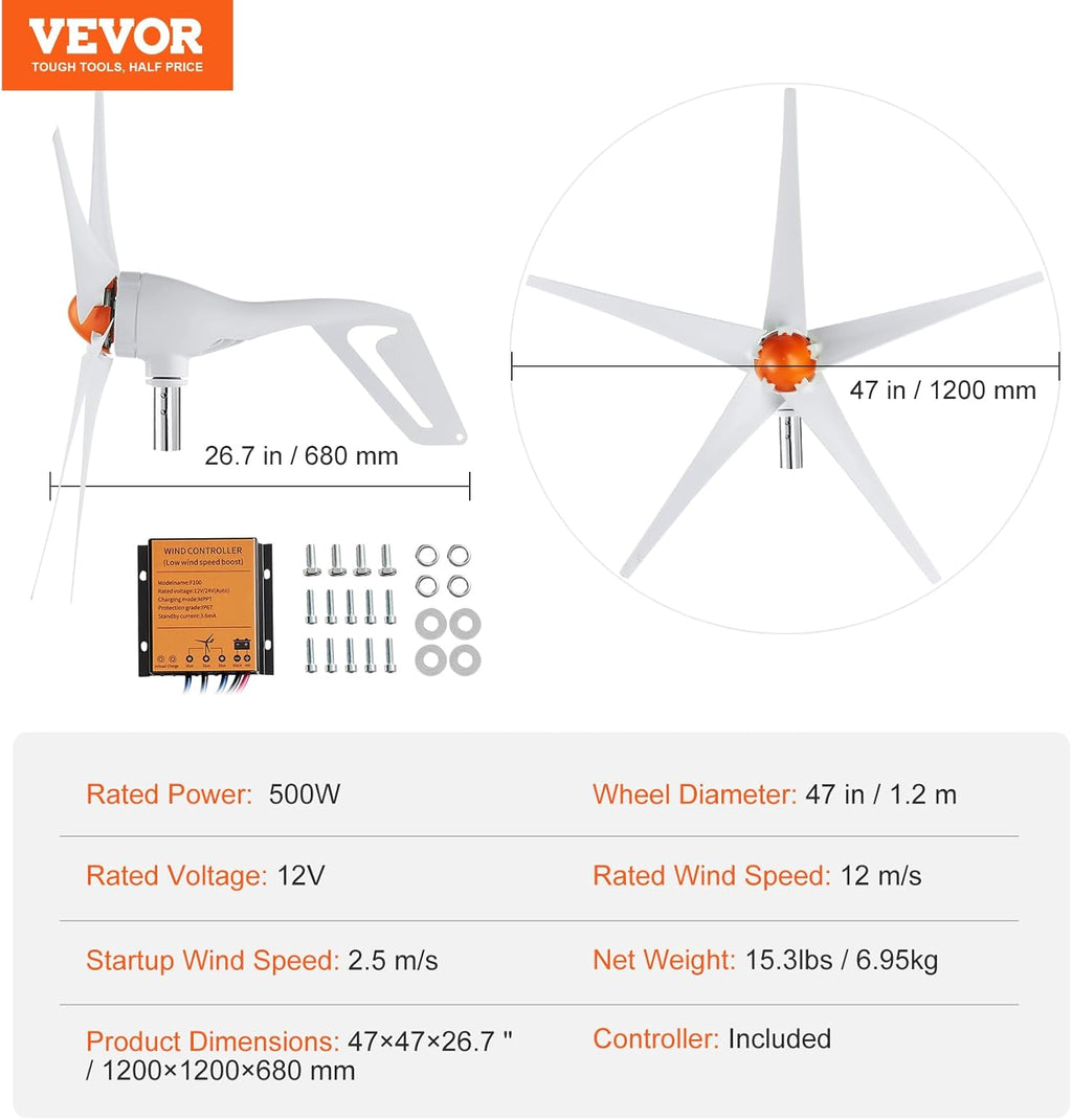 VEVOR 500W Wind Turbine Generator, 12V Wind Turbine Kit, 5-Blade Wind Power Generator with MPPT Controller, Adjustable Windward Direction & 2.5m/s Start Wind Speed, Suitable for Home, Farm, RVs, Boats