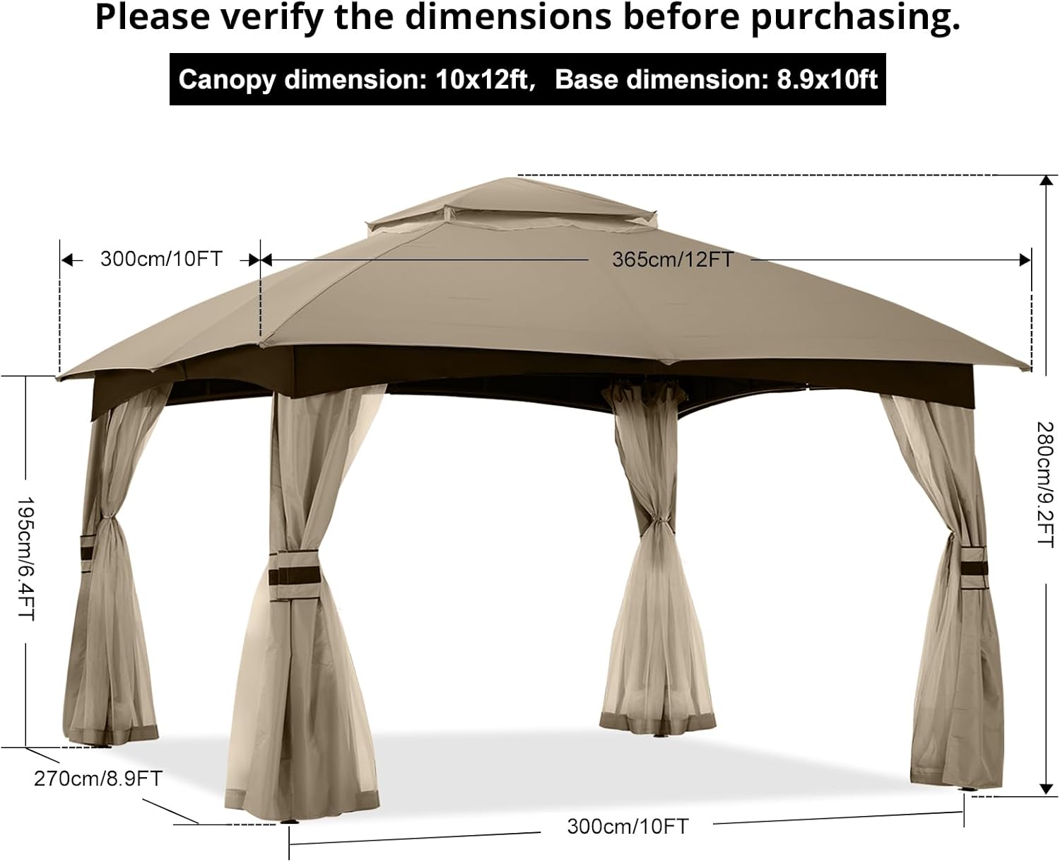 ABCCANOPY 10x12 Outdoor Gazebo - Patio Gazebo with Mosquito Netting, Outdoor Canopies for Shade and Rain for Lawn, Garden, Backyard & Deck (Khaki)