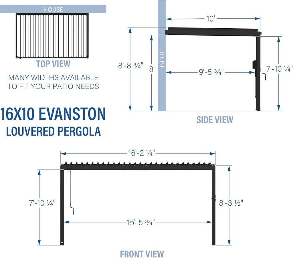 Backyard Discovery Evanston 16'x10' Galvanized Steel Wall-Mounted Louvered Pergola Kit with Adjustable Roof, Shade, Rain Protection, High-Wind Rating, PowerPort, Gutter System for Outdoor Patio, Deck