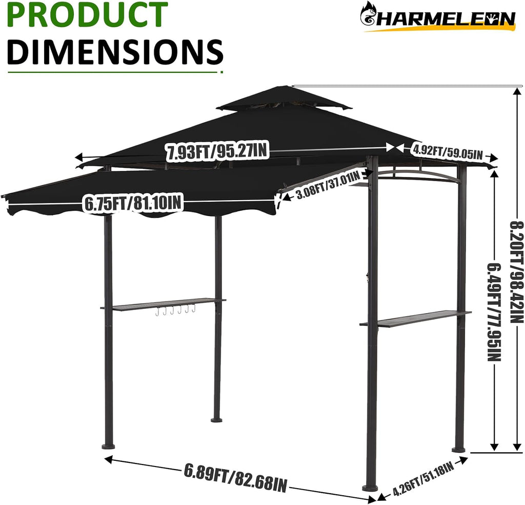 CHARMELEON 8x8 FT Grill Gazebo, Grill Canopy with Big Awning&2 Side Shelves&6 Hooks&Bottle Opener, Powder-Coated Steel BBQ Shelter for Patio Backyard Outdoor Grilling-Black