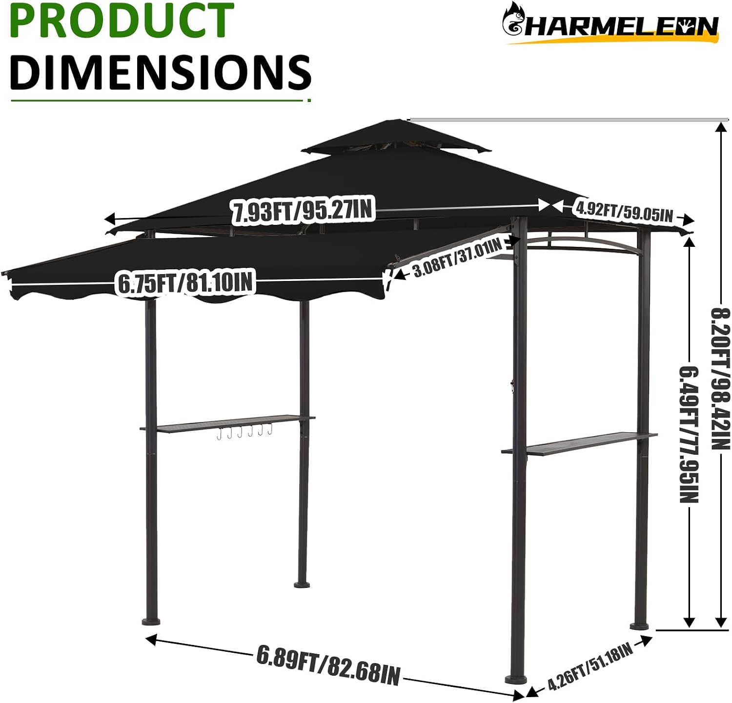 CHARMELEON 8x8 FT Grill Gazebo, Grill Canopy with Big Awning&2 Side Shelves&6 Hooks&Bottle Opener, Powder-Coated Steel BBQ Shelter for Patio Backyard Outdoor Grilling-Black