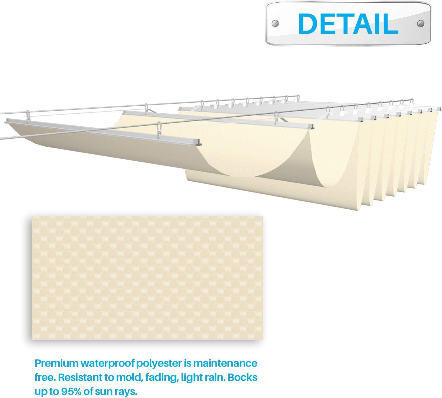 Patio 3'W x 16'L Waterproof Pergola Shade Cover Retractable Canopy Replacement, Outdoor Pergolas Fabric Covers for Patio, Sun Shades Cloth with Slide-On Wire Cable for Deck Gazebo Backyard, Beige