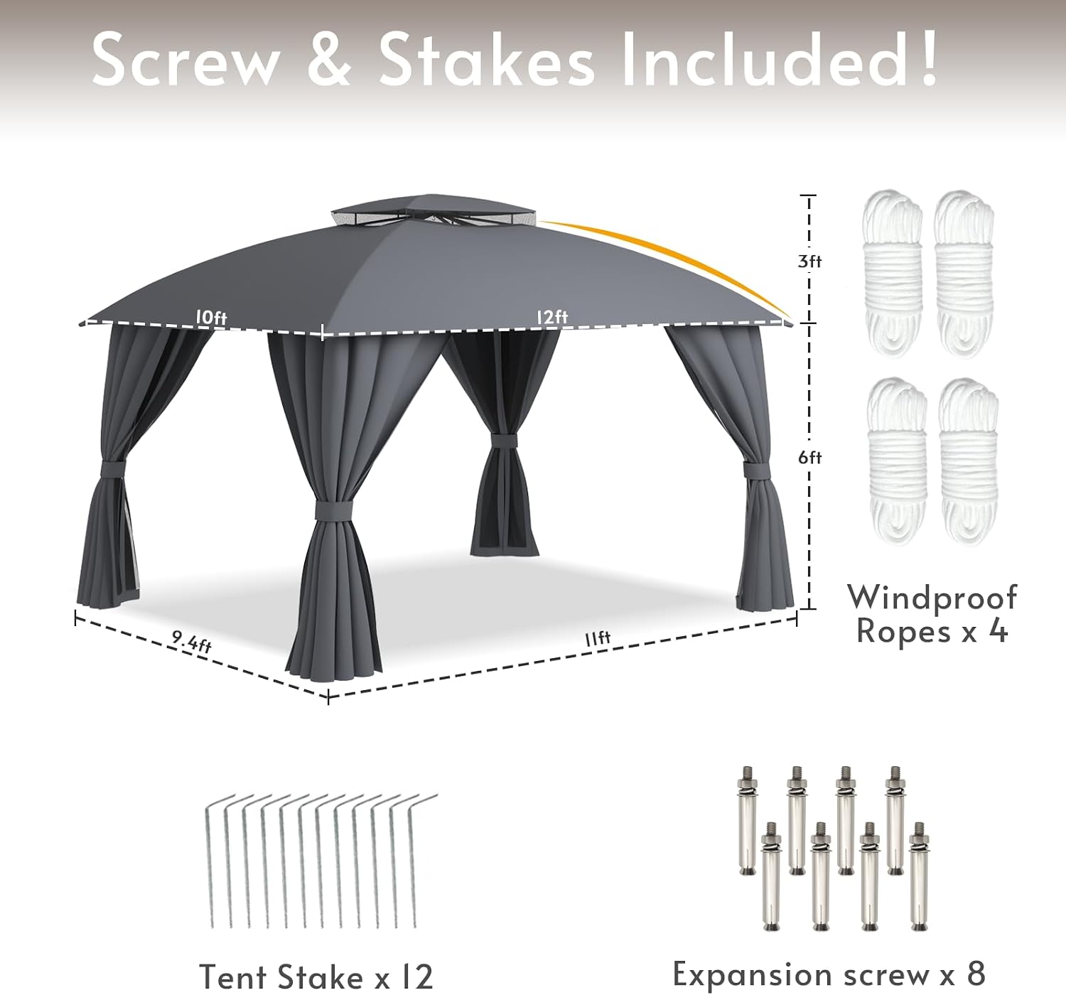 Outdoor Gazebo 10x12 with Double Roof, Patio Gazebo with Netting & Curtain Included. Trapezoidal Support System for Enhanced Stability, Perfect for Patio, Deck, Backyard