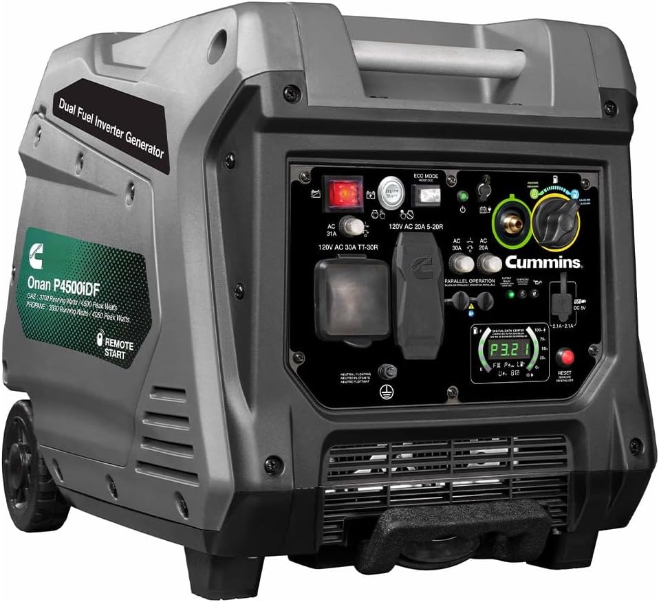 Cummins Onan P4500iDF Dual Fuel Inverter Generator – 4500W Gas/4050W Propane, Remote Start, Ultra-Quiet 52 dBA, RV Ready, LED Display, 15-Hr Run Time