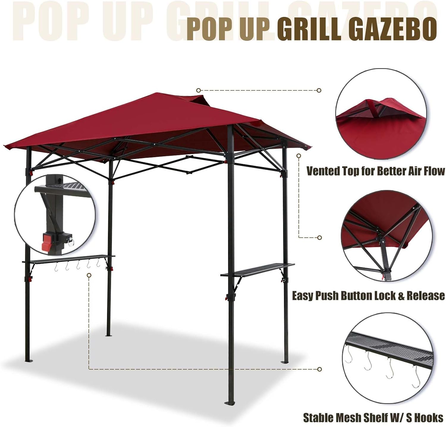 EAGLE PEAK 8x5 Pop up Grill Gazebo with Carry Bag, Instant Outdoor BBQ Canopy Tent with Air Vent for Barbeque, Picnic and Patio, Red