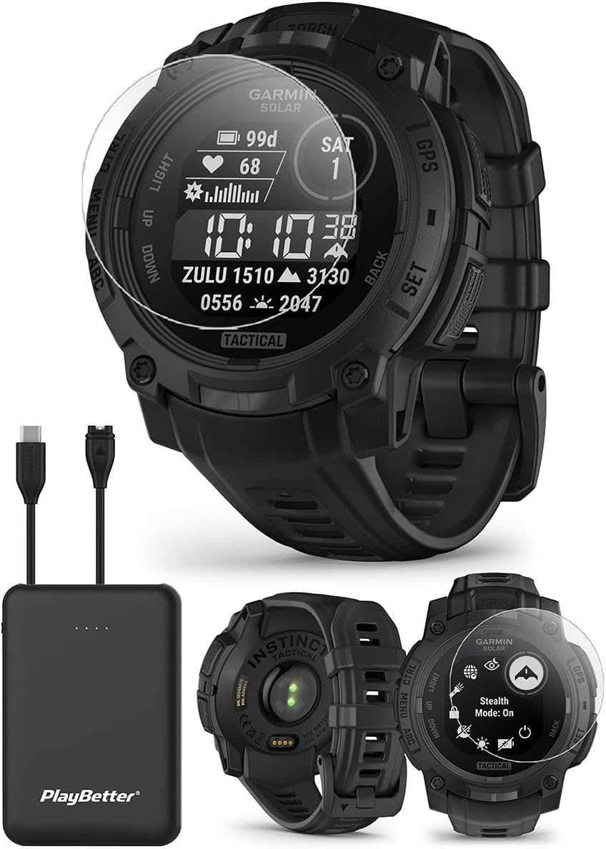 PlayBetter Garmin Instinct 3 Solar Tactical 45mm (Black) Rugged Outdoor GPS Smartwatch Bundle - Tactical Features, Built-in Flashlight, Long Battery Life Portable Charger & HD Screen Protectors