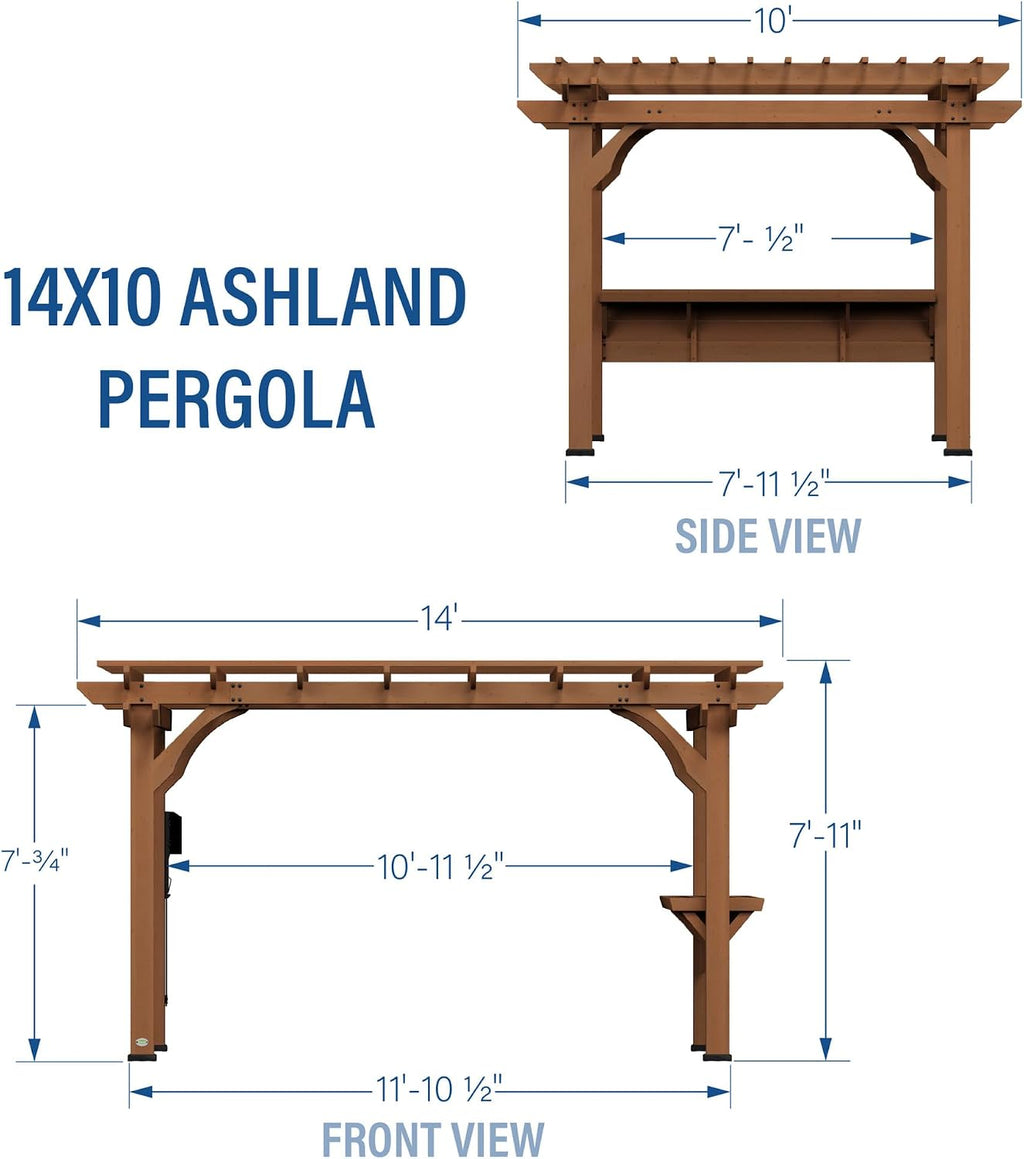 Backyard Discovery Ashland 14' x 10' Cedar Wood Pergola Kit with Trellis Roof, Built-In Bar Top, All-Season Durability, High-Wind Rating, PowerPort, Shade for Outdoor Patio, Deck, Garden, Entertaining