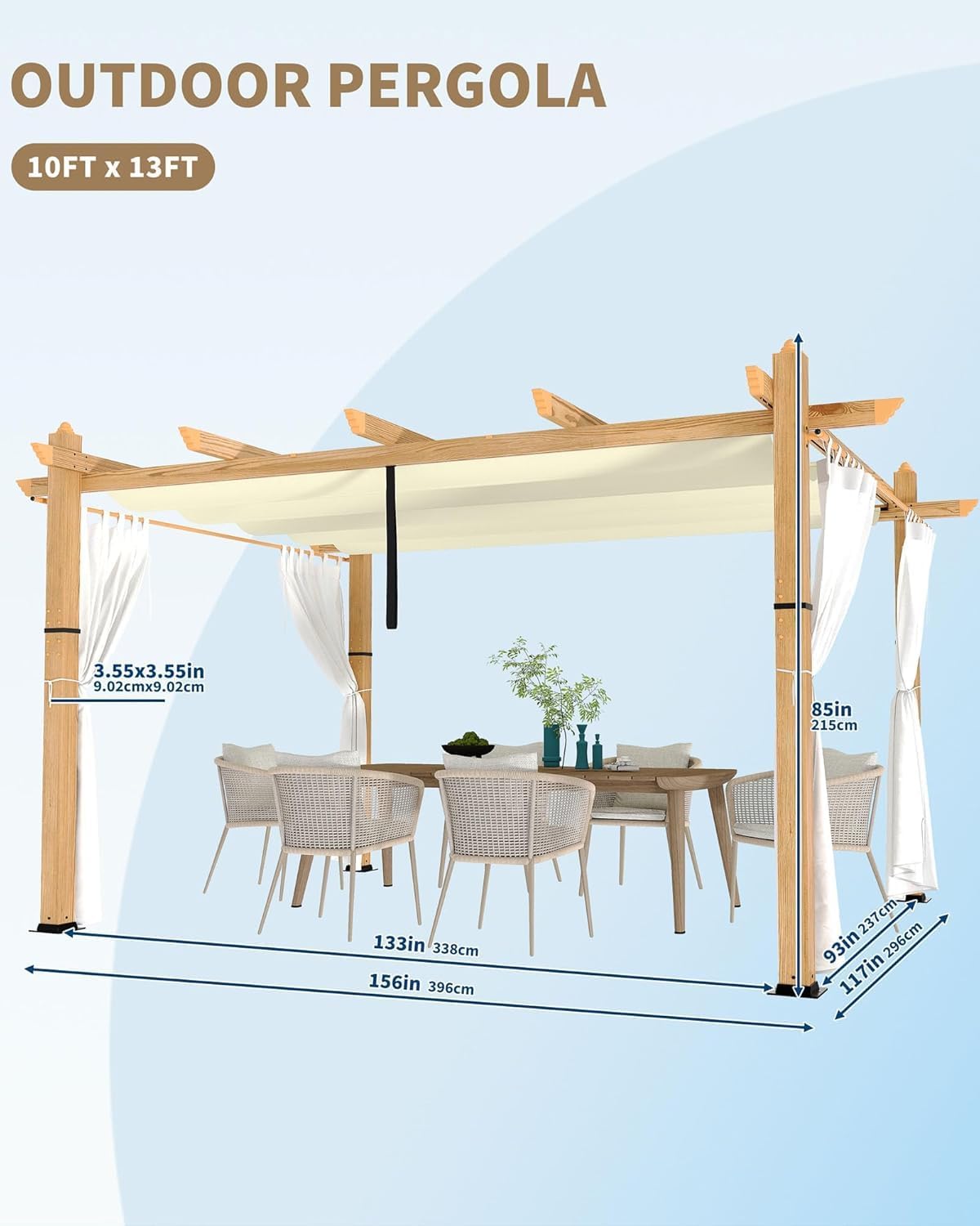IDEALHOUSE 10 x 13 FT Patio Pergola, Aluminum Patio Gazebo with Retractable Sun Shade &Side Mesh, Metal Pergola Shelter for Backyard Deck Garden, Wood-Grain