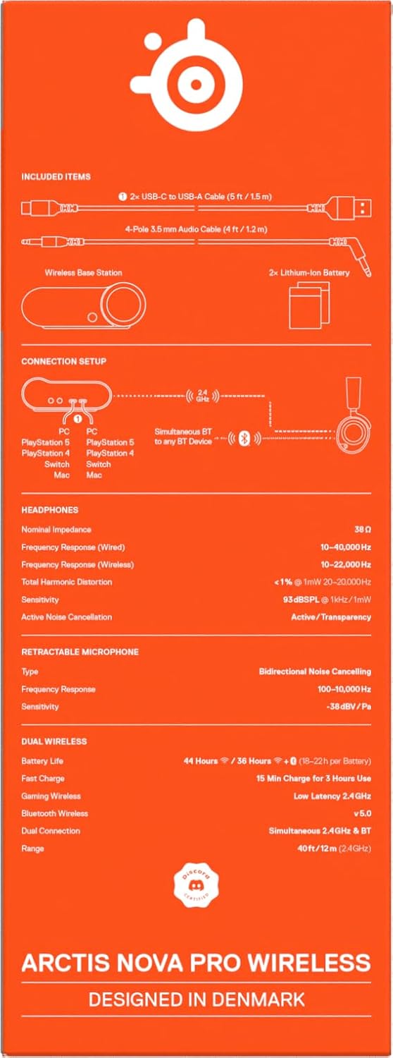 SteelSeries Arctis Nova Pro Wireless 61520 Gaming Headphones, Wireless, Sealed, High Resolution Active Noise Canceling, Compatible with PC, PS5, PS4, Switch, Hi-Fi Sound, Black, Adjustable
