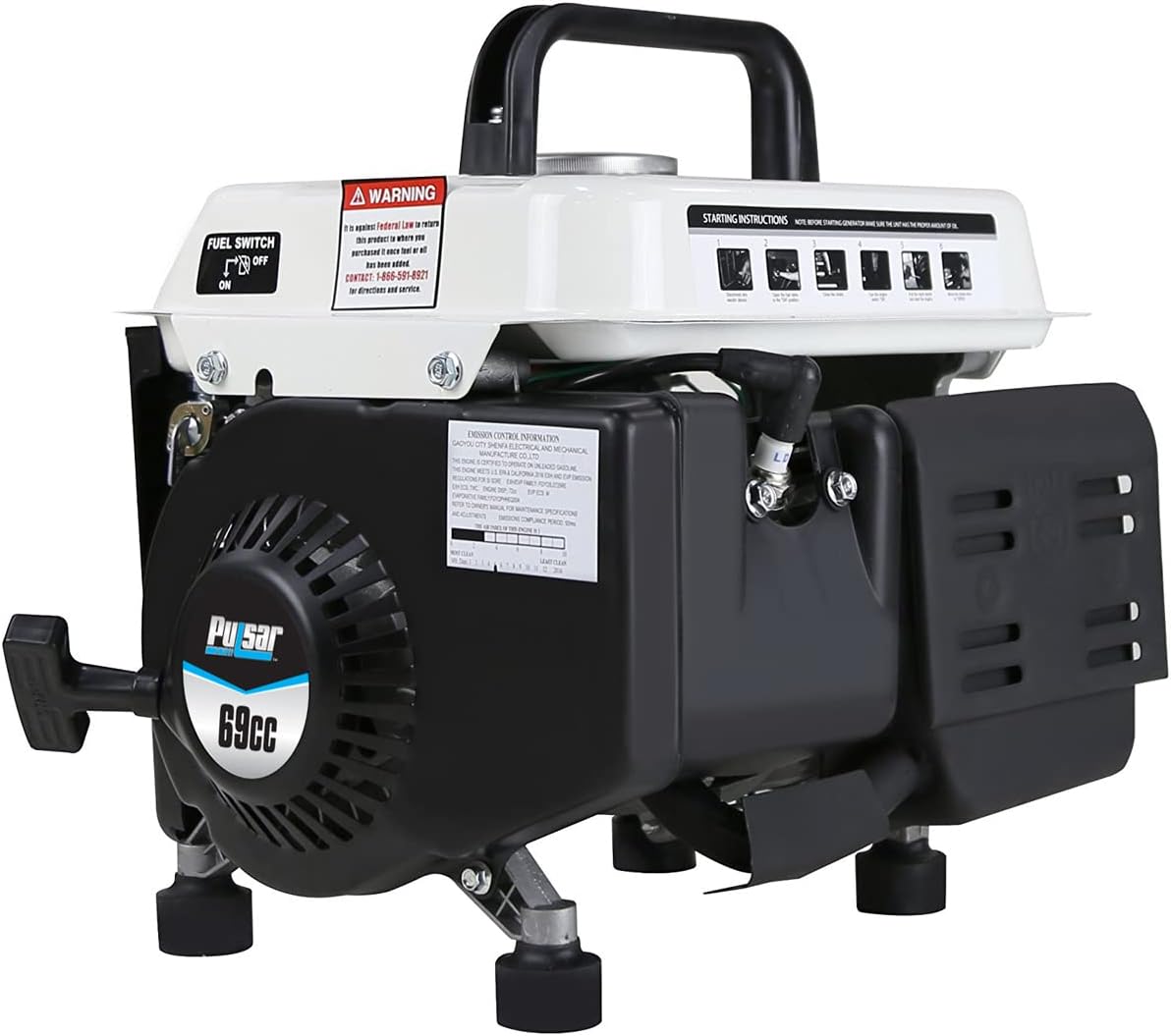 Pulsar 1,200W Carrying Handle, PG1202SA Gas-Powered Portable Generator, 1200W, Black/White