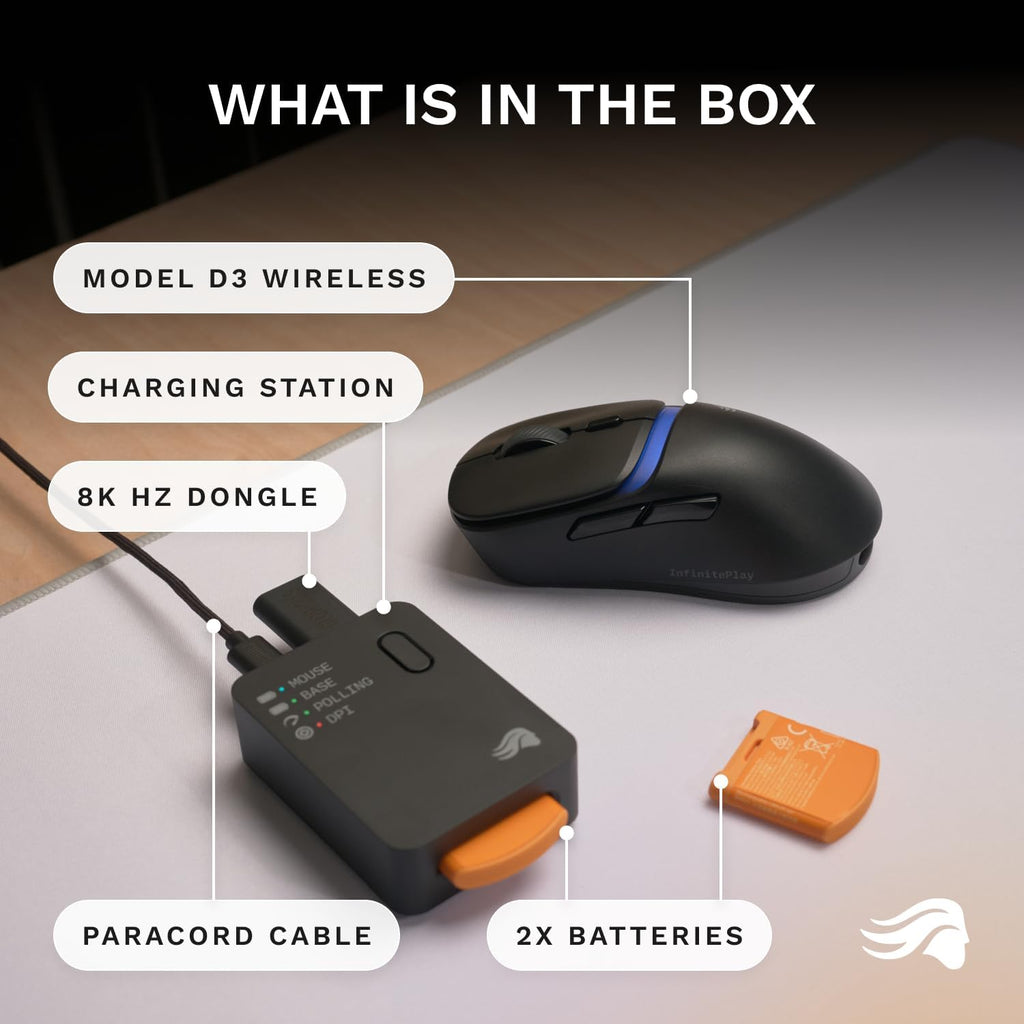 GLORIOUS Gaming Model D3 Wireless Gaming Mouse - InfinitePlay Swappable Battery, 130H Battery Life, 8k Polling, 130M Optical Switches, Ultralight 69g, 30K DPI Optical Sensor, RGB - Black