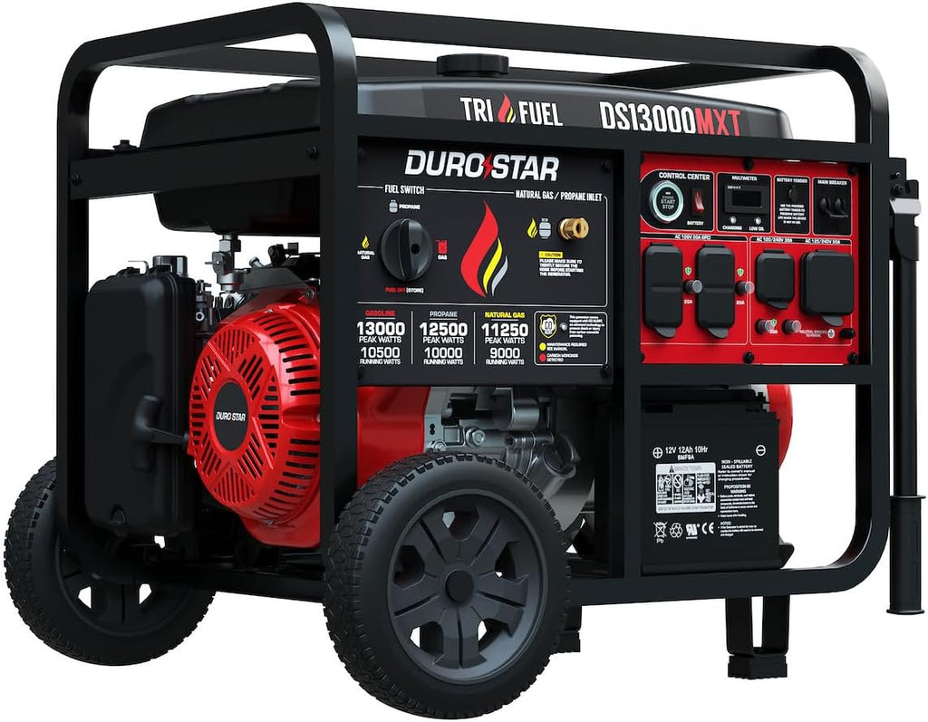 DuroStar DS13000MXT 13,000-Watt 500cc Tri Fuel Portable Generator - Gas, Propane & Natural Gas, Remote Electric Start, Whole Home Power Backup, Transfer Switch Ready, RV & Emergency Ready