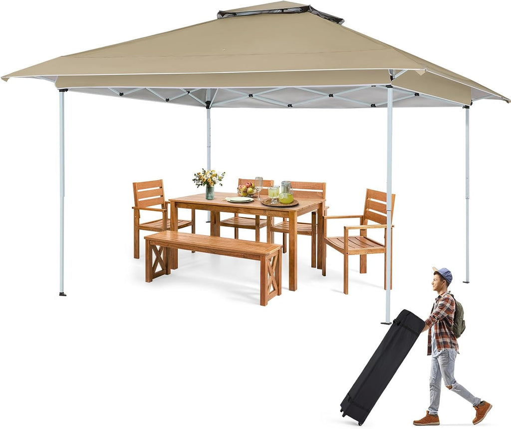 ECOTOUGE 12FT Pop Up Canopy Tent, Instant Shelter Gazebo, Carrying Roller Bag, Waterproof & UV Resistant Party Tent for Patio, Grill and Backyard Furniture, Khaki